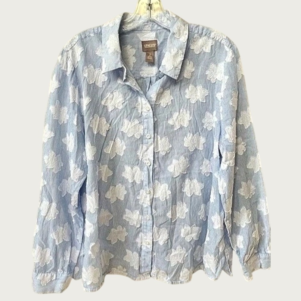 Chicos Pinstripe Floral Applique Button Down Shirt Womens Large Blue White